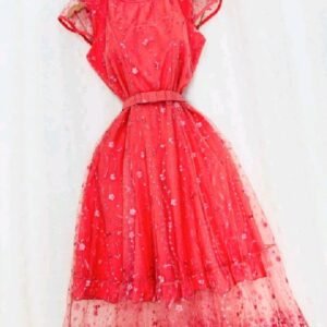 Vestido Midi Coral com Renda Floral